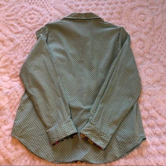 Susan Graver Button down Blouse, sz 12, aqua polka dot & floral, cotton/spandex - Picture 8 of 8